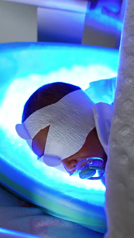 baby suckling a pacifier actively lies in a hospital crib. newborn child is treated from jaundice by phototherapy. vertical video