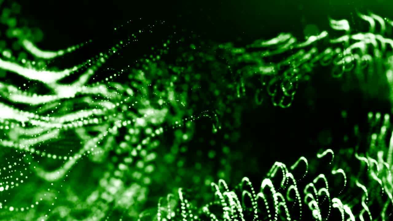 3D grön bakgrund med fantastiska lysande partiklar. Loopad 3D-animering med skärpedjup, ljuseffekter. Modern digital bakgrund. Böjda linjer 3