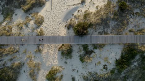 tourists riding bikes on boardwalk