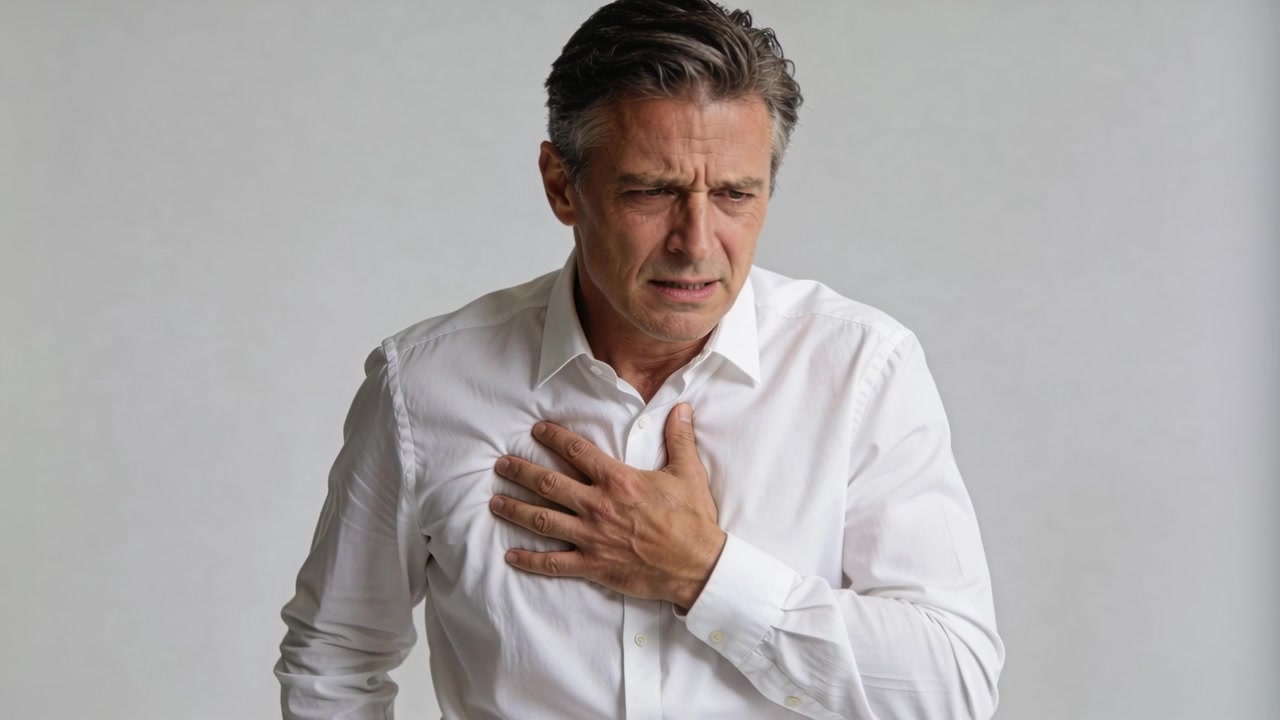 Clutching middle-aged man pressing right hand over chest after feeling pain at studio, white shirt