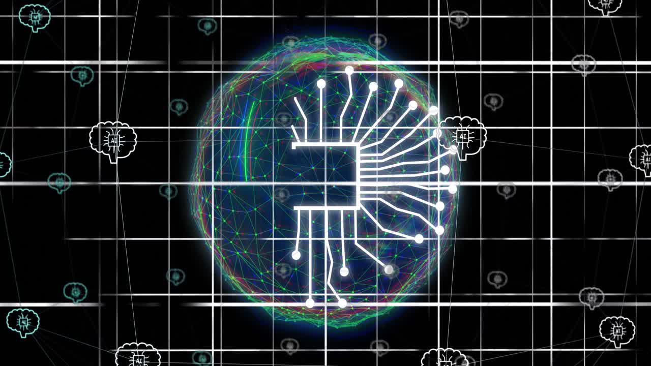 Animation of ai chat and data processing over globe and grid