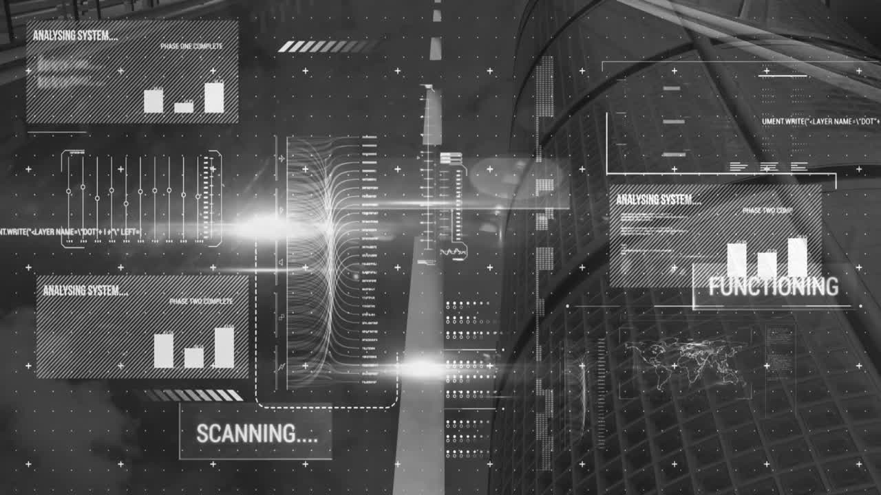 Animation of data processing over cityscape