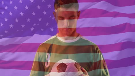 animación de un jugador de fútbol caucásico sobre la bandera de los estados unidos
