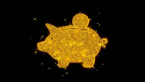 piggy bank coin icon sparks particles on black background.