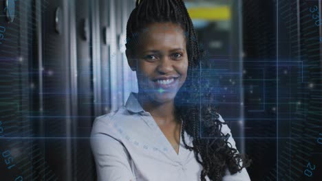 animation of data processing over african american female it engineer and computer servers