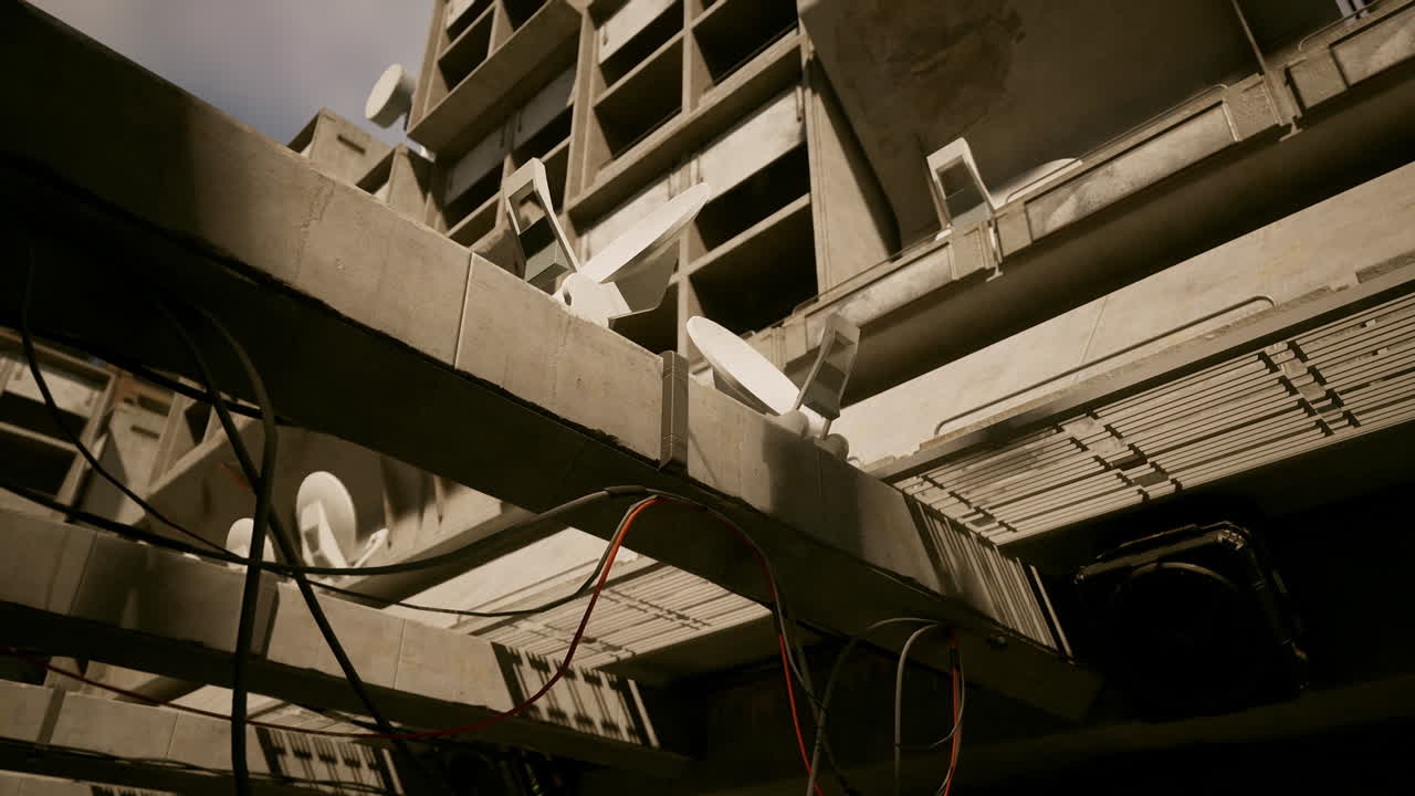 edificio abandonado con antenas parabólicas
