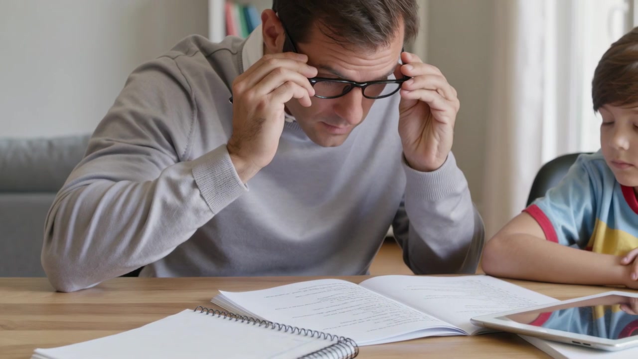 Papà con un maglione grigio che prende la penna, si mette gli occhiali e annota sul quaderno a casa, aiutando il figlio.