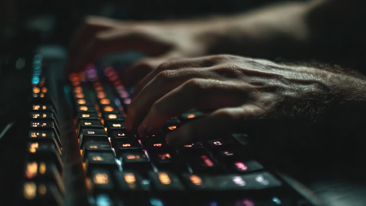 Mani concentrate che digitano su una tastiera retroilluminata in un ambiente buio, catturando l'essenza del computing moderno e dell'interazione digitale