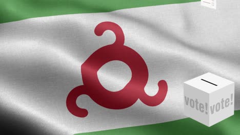 las papeletas vuelan a la caja para la selección de ingushetia - caja de votación frente a la bandera - elección - voto - bandera de inguchetia - bandera de ingushetia alto detalle - bandera nacional ingushetia patrón de ondas elementos loopables - textura de tela y bucle sin fin