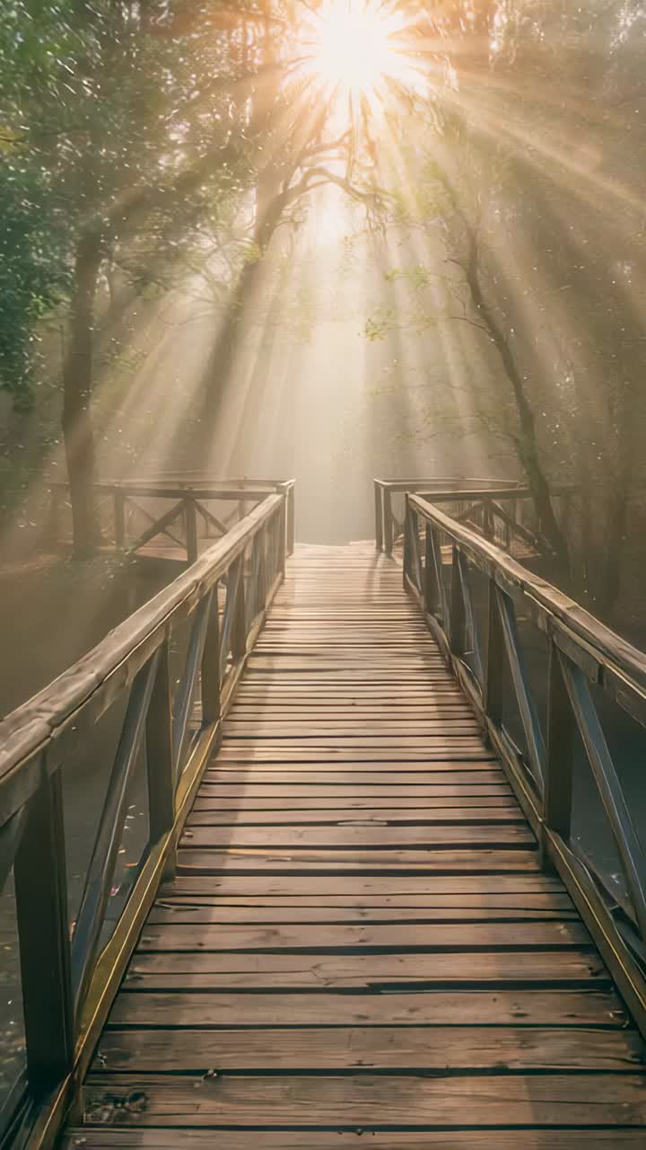 Vertical video: Leading wooden bridge heading into wooded clearing as sun rising, revealing rays