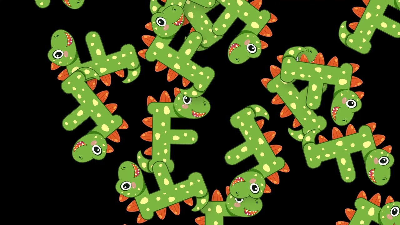 Caratteri animati a forma di lettera F, a tema dinosauro verde, che cadono su uno sfondo nero uniforme