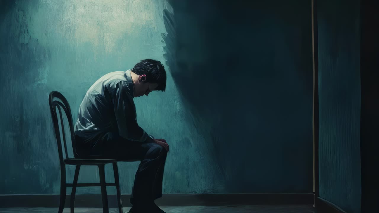 Depressed businessman sitting alone, hunched in shadowy room, hands covering face, expressing workplace mental health struggle