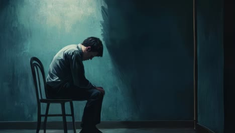 depressed businessman sitting alone, hunched in shadowy room, hands covering face, expressing workplace mental health struggle
