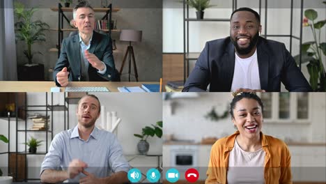 video conference of different multiracial business people, colleagues communicating remotely via video call, discuss work issues, work from home. online communication concept, virtual meeting