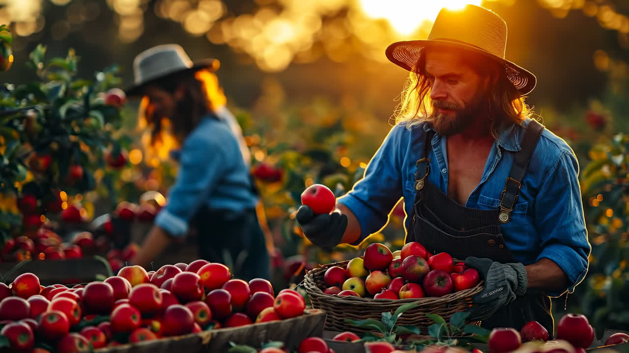 Farmer harvesting apples at sunset. A farmer collects ripe red apples in a basket during a golden sunset