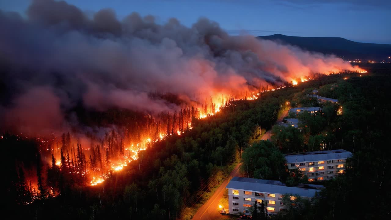A Dramatic Perspective of a Forest Fire's Destructive Path, Illuminating the Night Sky with Fiery Flames and Dark Smoke as It Approaches Buildings in the Foreground