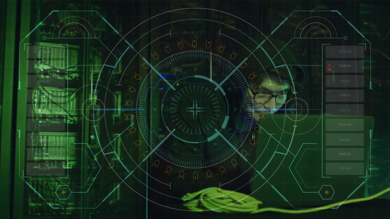 animación de escaneo de alcance con procesamiento de datos sobre hacker masculino asiático usando portátil.