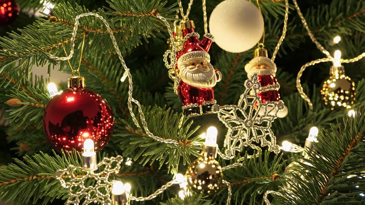 Festive close-up video of a Christmas tree adorned with Santa ornaments and lights