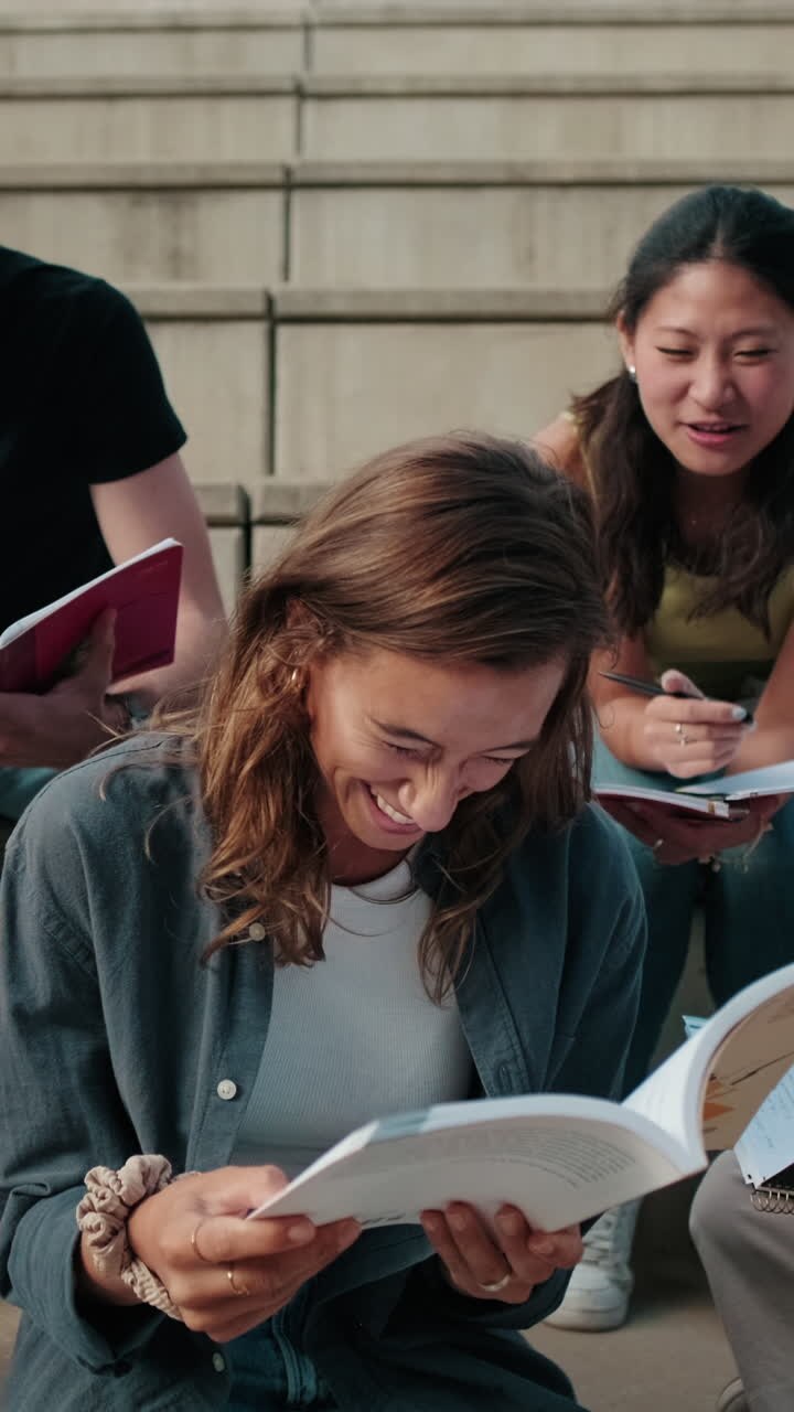 Students discuss their studies, prepare for class. A cheerful young student