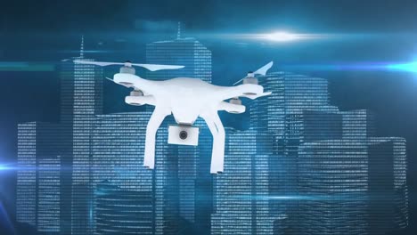 animación de drones volando sobre el paisaje urbano y procesamiento de datos con rastros de luz azul brillante