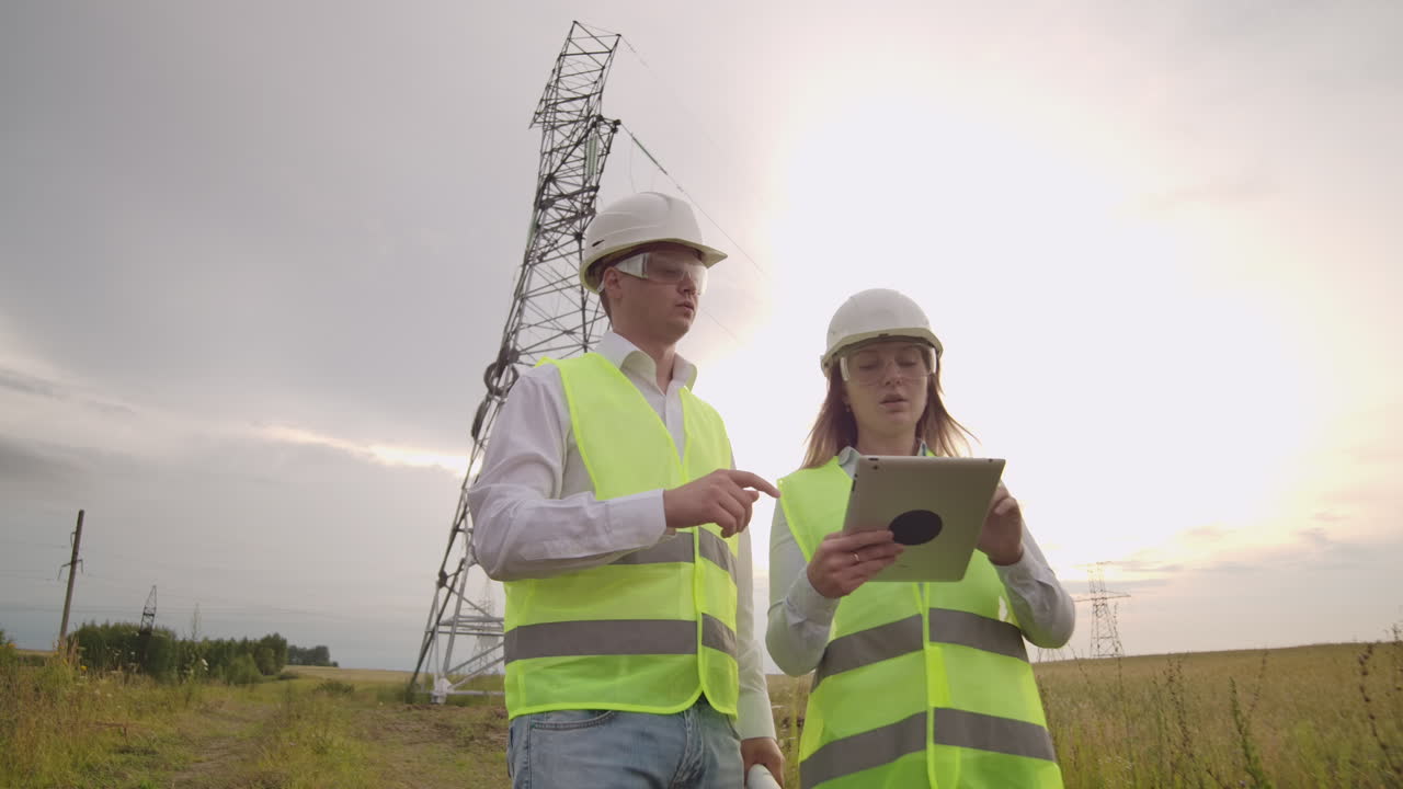 Two engineers a man and a woman in helmets with a tablet of engineer walk on field with electricity towers and discuss the further construction of towers