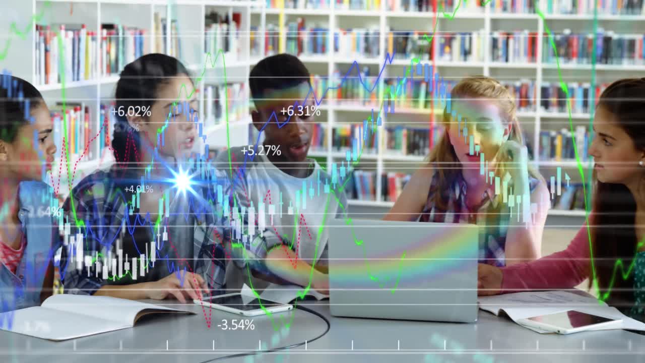 datos gráficos sobre la clase del equipo joven trabajando en la computadora portátil.