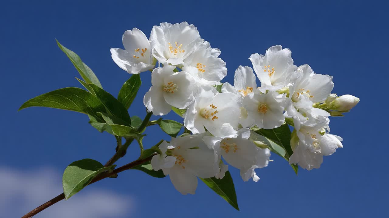 Un primer plano cautivador de flores blancas contra un cielo azul claro, mostrando sus delicados pétalos y vibrantes hojas verdes en plena floración.