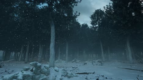 Un-Bosque-De-Pinos-Oscuro-Y-Espeluznante-En-Invierno,-Con-Niebla,-Nieve-Cayendo-Y-Cubriendo-El-Suelo,-Y-Cielo-Nublado,-Animación-3d,-Paisaje-Animado,-Cámara-Panorámica-De-Izquierda-A-Derecha