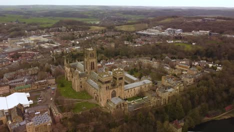 aerial arc shot of durham cathedral, united kingdom