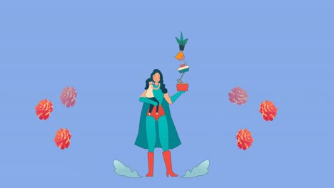 Animation-of-superhero-mother-holding-daughter-and-balancing-items,-with-red-roses-on-blue