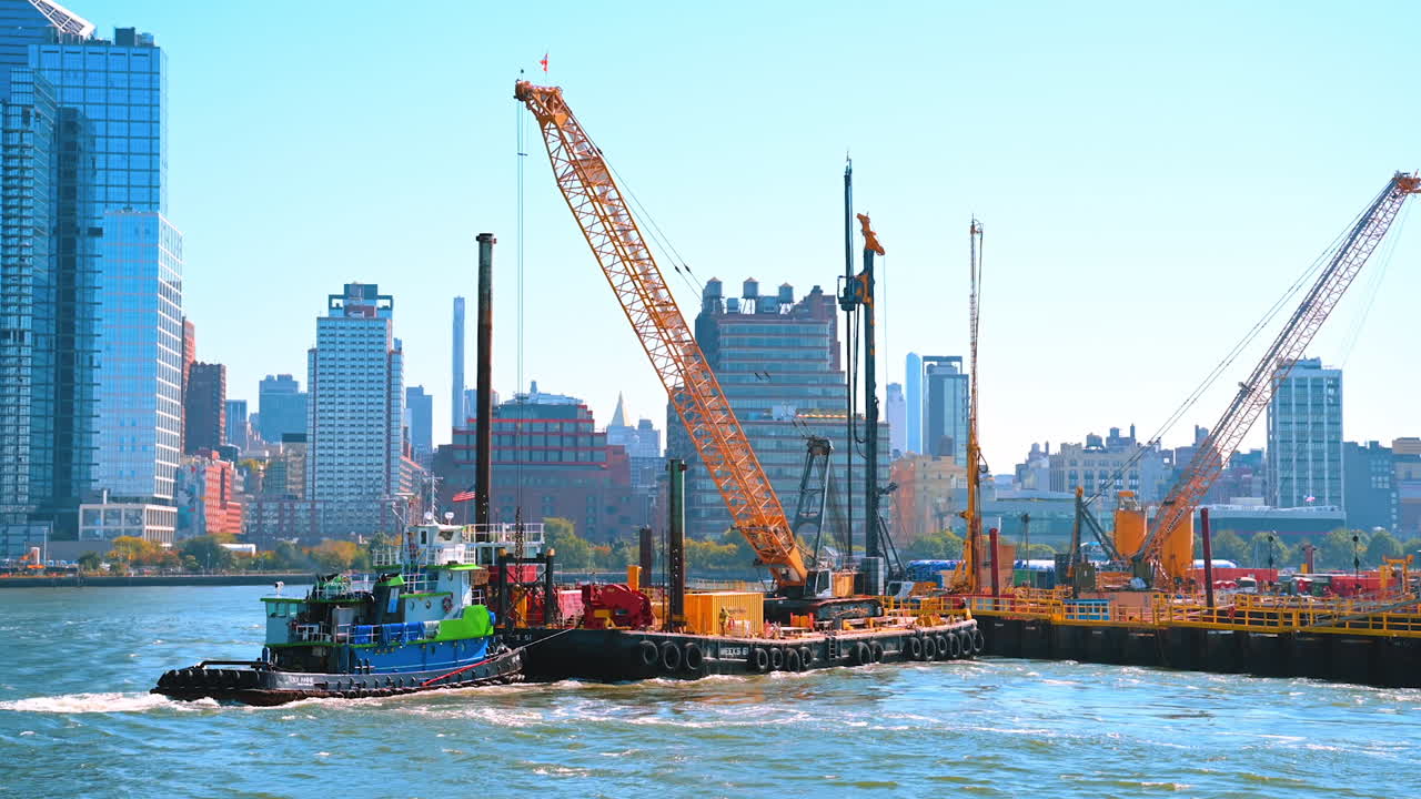 New York, USA, 9 August 2025: Construction barges and cranes on Hudson River in Manhattan. Industrial cranes and barges working near the Hudson River waterfront with Manhattan skyscrapers in the background