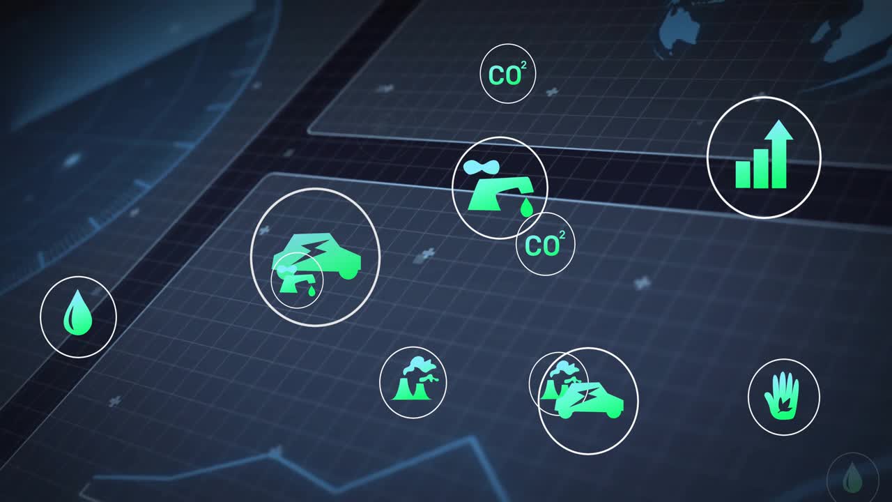 Grid panel filling globe rotating environmental data icons drifting clustering panning in dashboard