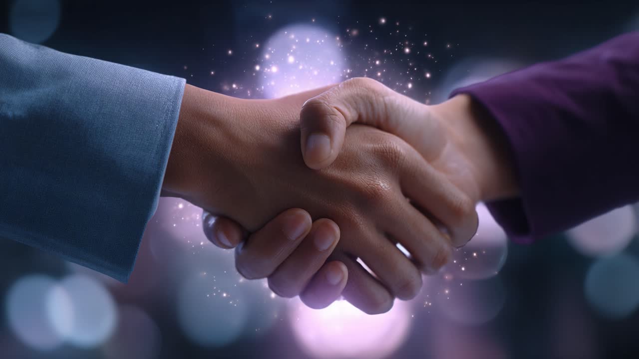 A Moment of Connection: Two Hands Shaking in a Sparkling Display of Unity and Collaboration, Symbolizing Trust and Partnership in a Dynamic Environment