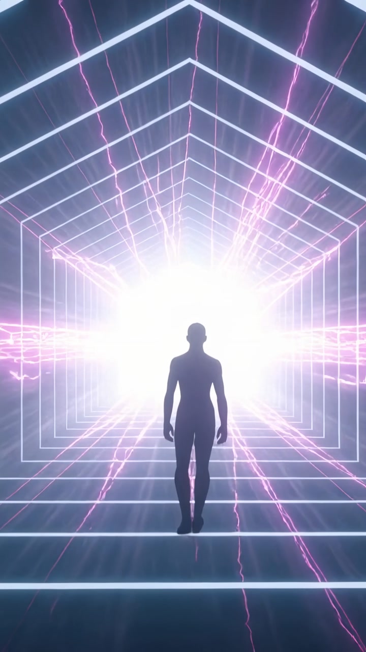 Vertical video: Walking silhouette approaching portal glow through neon grid, with pulsing streaks