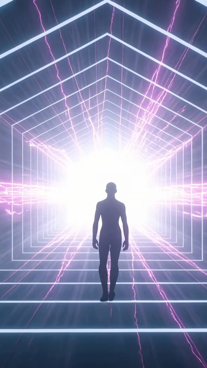 Vertical video: Walking silhouette approaching portal glow through neon grid, with pulsing streaks