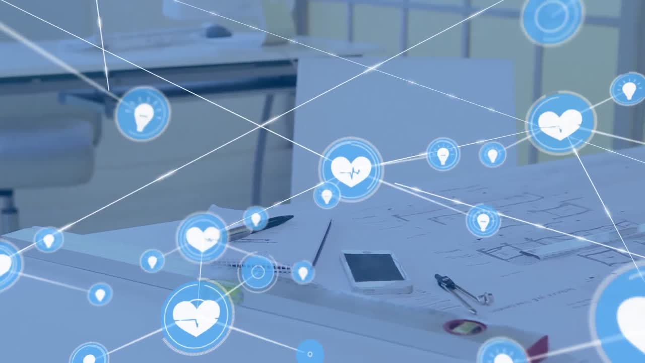 анимация сети соединений с иконами над чертежами архитекторов