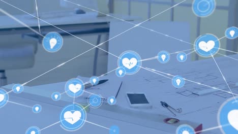 animation of network of connections with icons over architects drawings