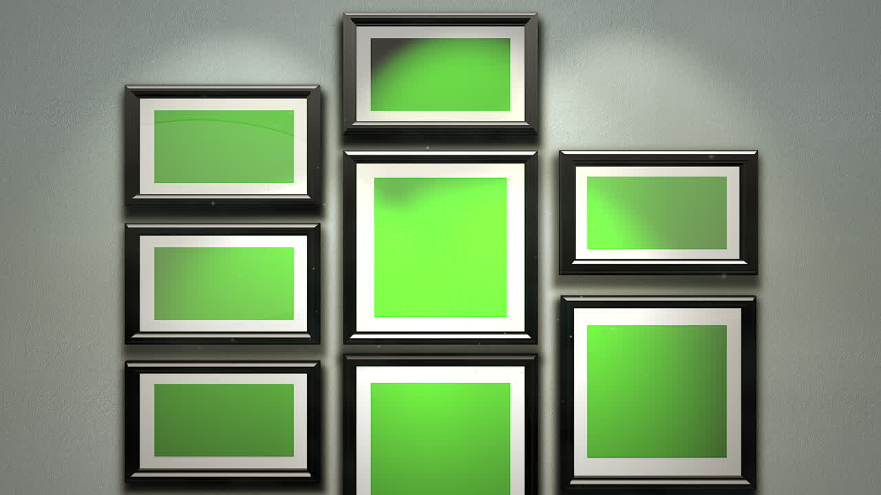 cámara de movimiento en galería de arte con imagen y marco moderno con pantalla de maqueta verde 1