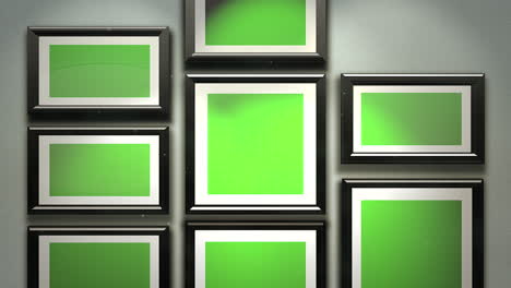 motion camera in art gallery with picture and modern frame with green mock-up screen 1