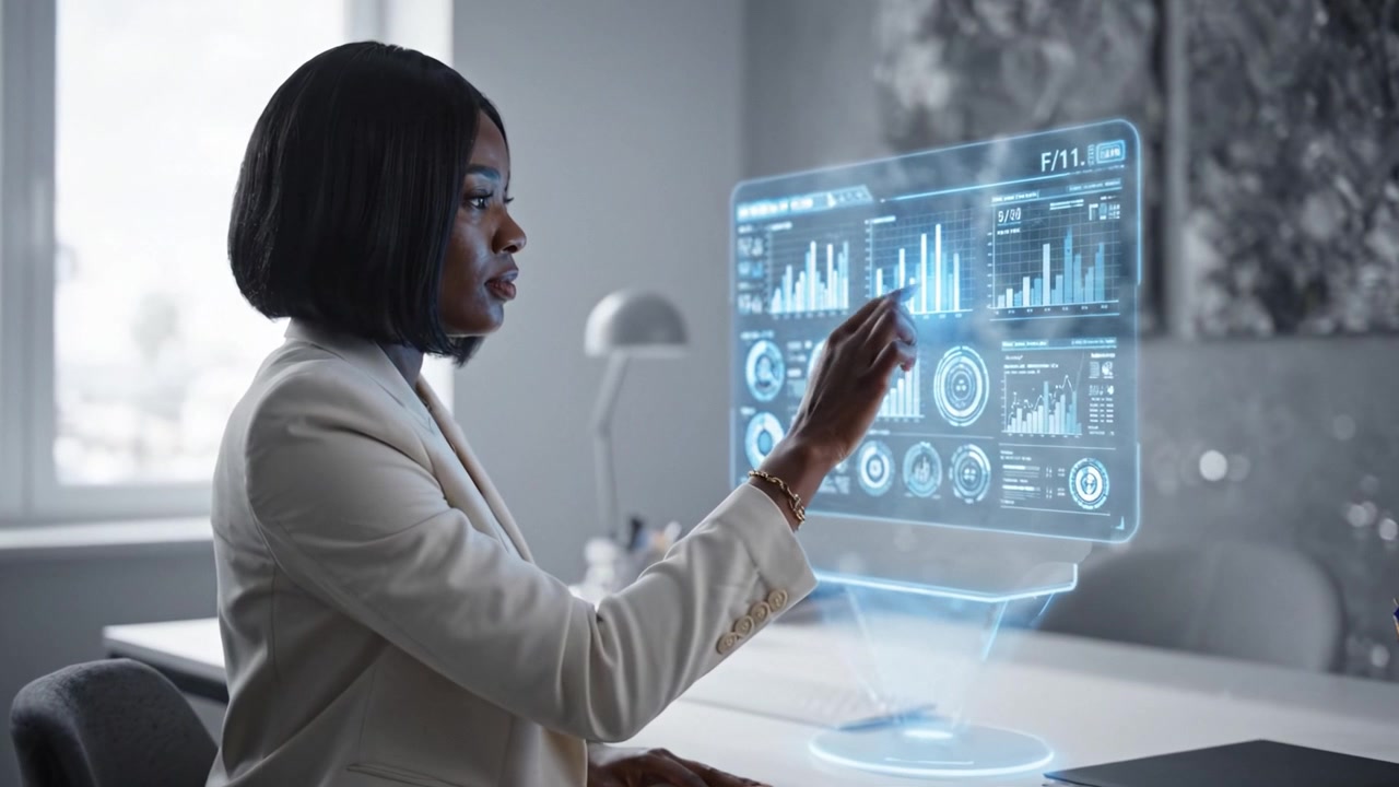 An innovative woman interacts with a holographic display that presents complex data visualization in a modern office setting, showcasing futuristic technology advancements.