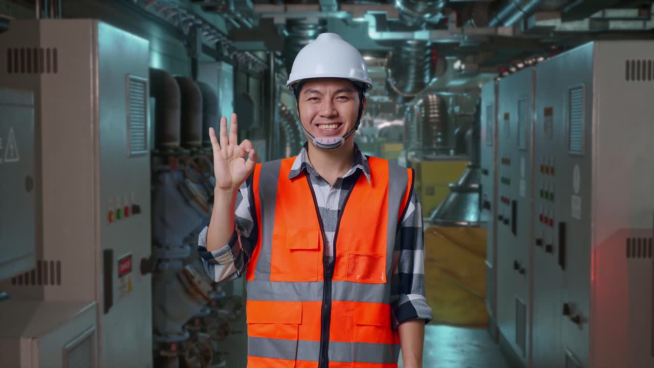 Asian Male Engineer With Safety Helmet Smiling And Showing Okay Gesture To The Camera While Standing In Engine Control Room, Work Of Electrical Generators