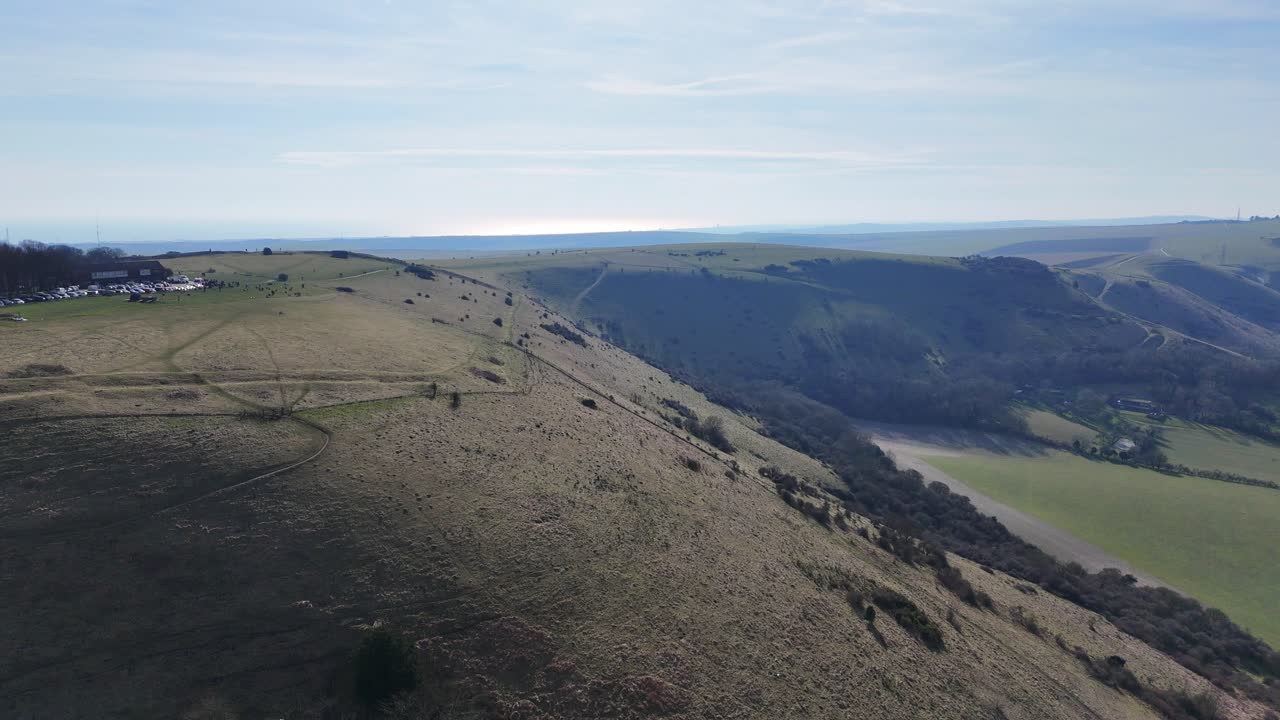Panning drone aerial South Downs Sussex UK