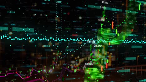 animation of financial data processing over citiscape