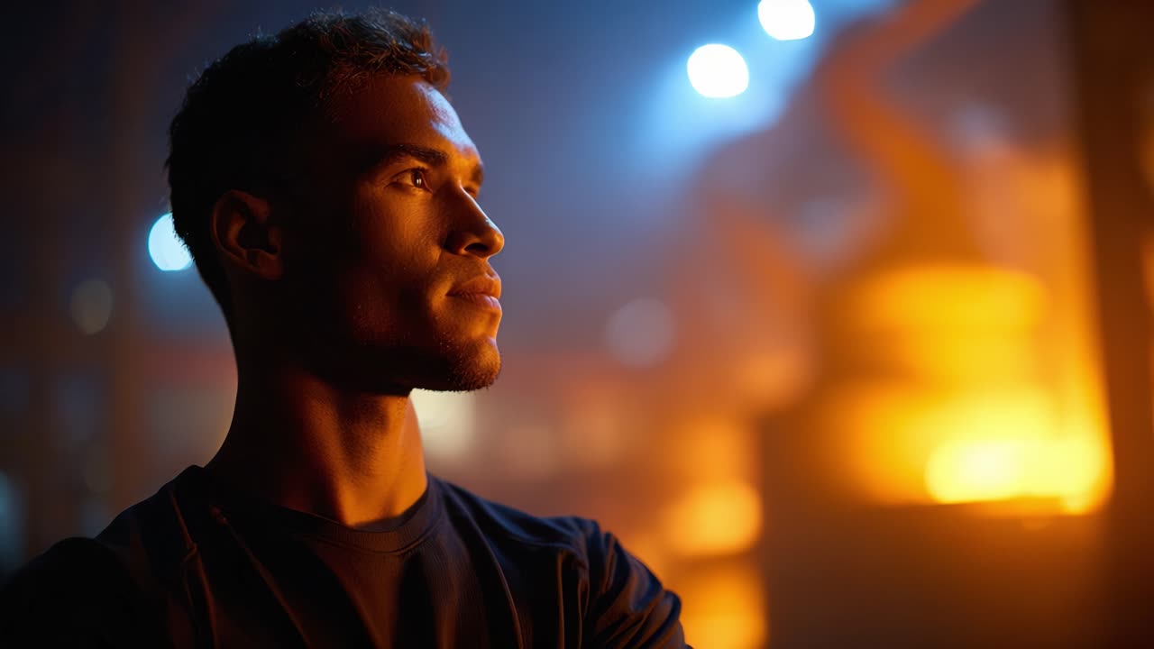Contemplative Moment: A Profile of a Young Man in a Dimly Lit Industrial Setting with Background Illumination from Machinery and Warm Hues of Lighting