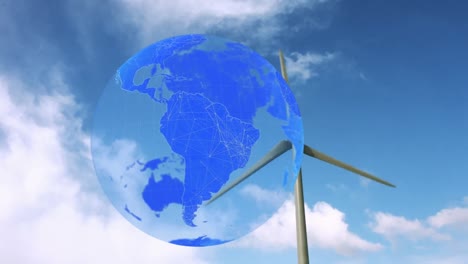 animation of globe over wind turbine in countryside