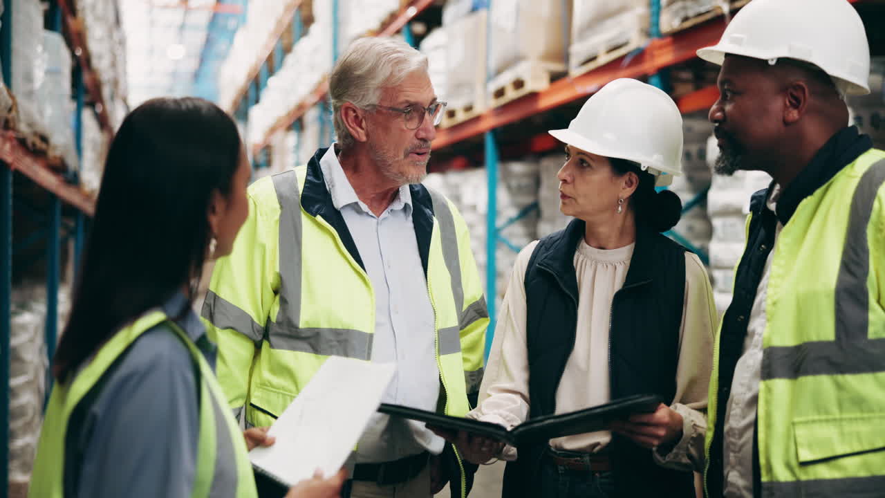 Warehouse team discussing logistics