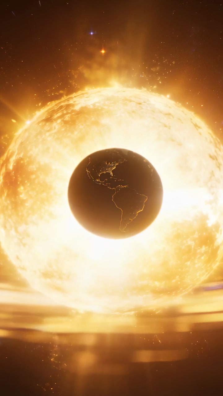 Vertical video: Erupting star corona sending plasma rays behind planet at center with gold outlines