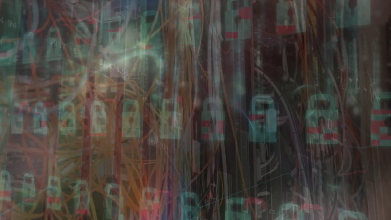 Animation of statistical data processing and security padlock icons over close up of a server