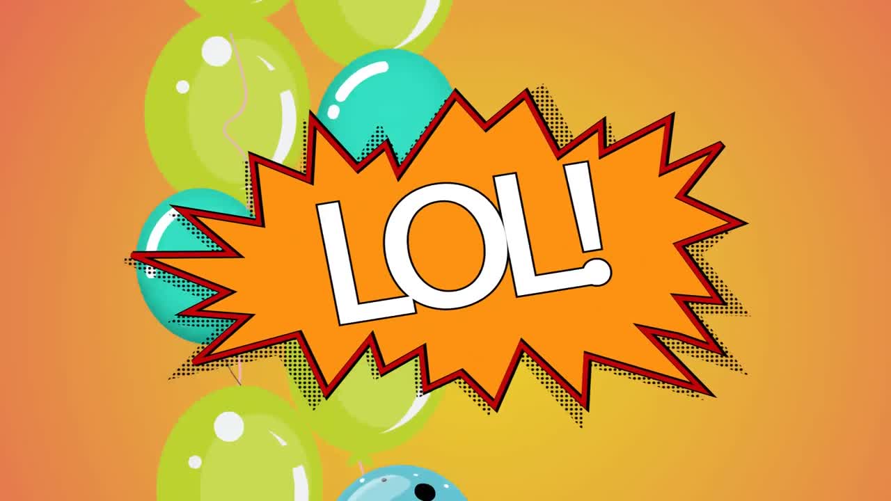 오렌지색에 떠다니는 풍선과 함께 오렌지색 폭발에  ⁇ 색으로 글자 lol의 애니메이션