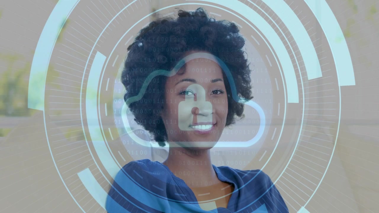 Woman tapping tablet, HUD expanding with cloud padlock, framing face, verifying secure cloud access
